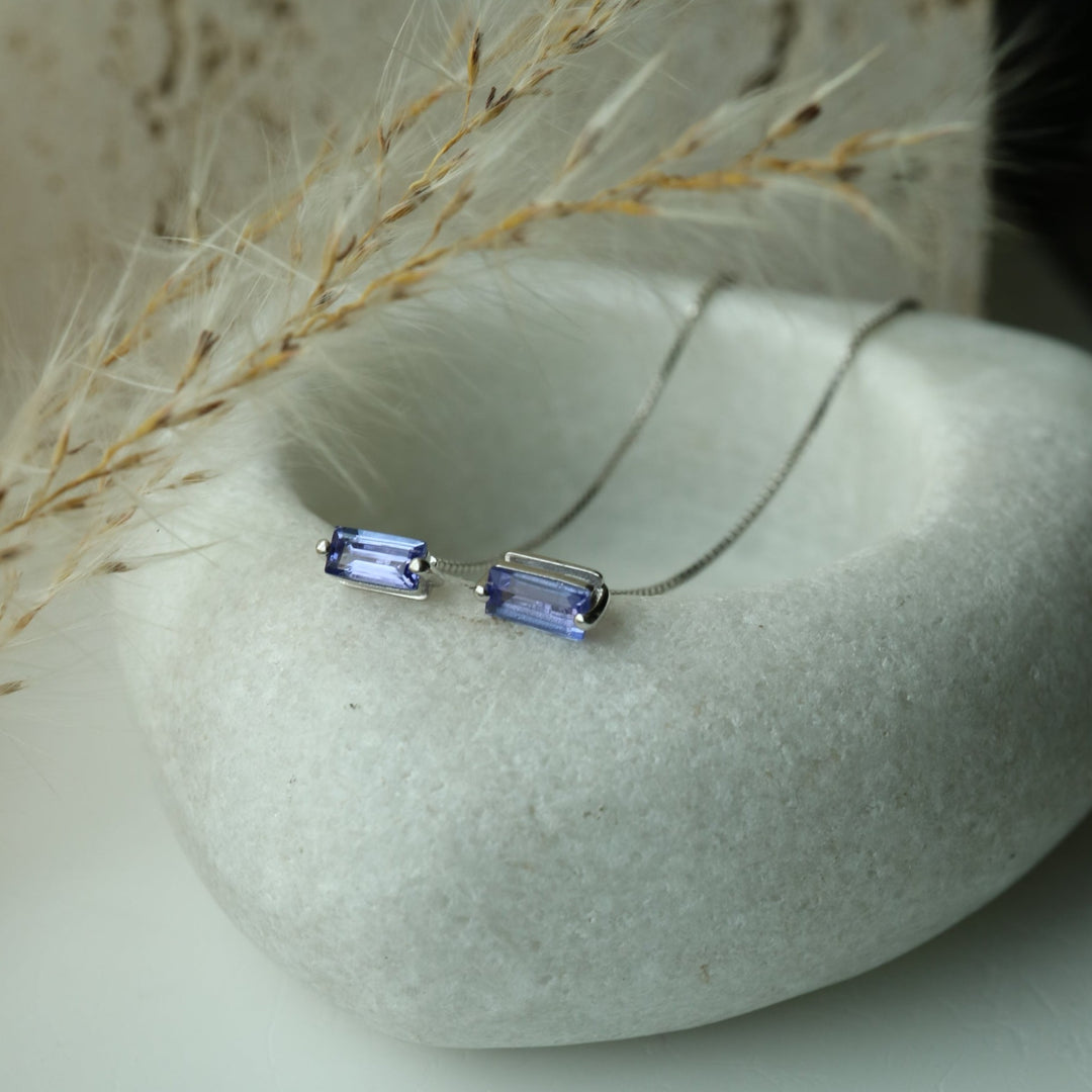 natural blue tanzanite baguette cut sterling silver chain threader earrings for ears, cartilage or helix piercing