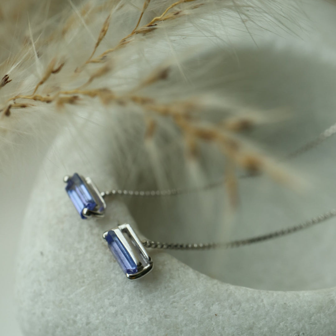 natural blue tanzanite baguette cut sterling silver chain threader earrings for ears, cartilage or helix piercing