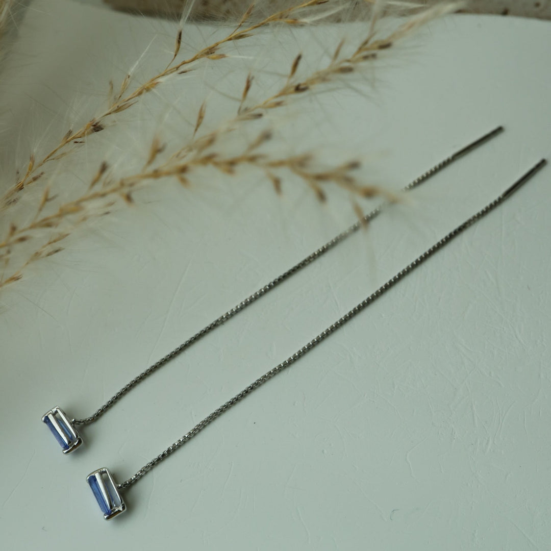 Natural Tanzanite Chain Threader Silver Earrings