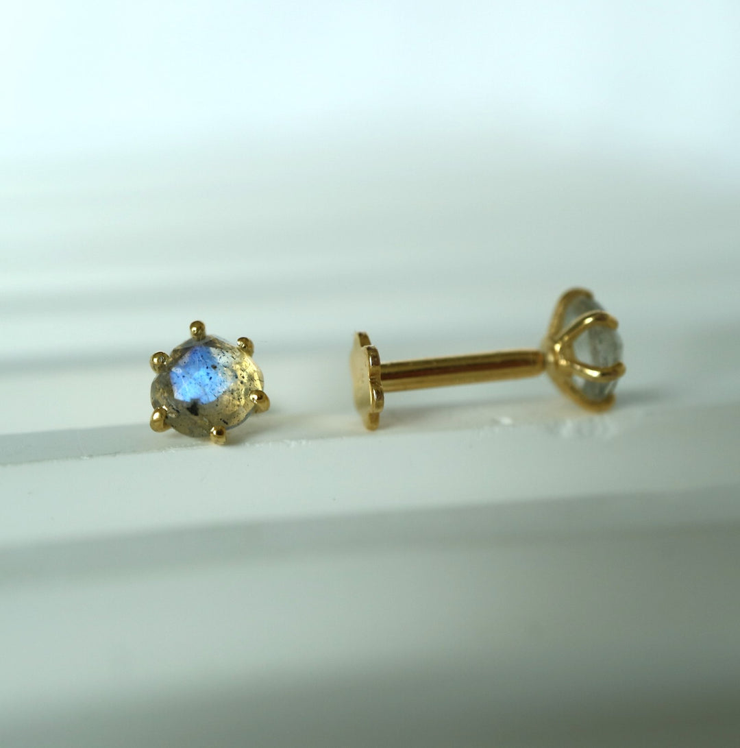 rose cut irregular labradorite silver 14 k gold vermeil internally threaded stud earrings with screw flat backs for cartilage or helix