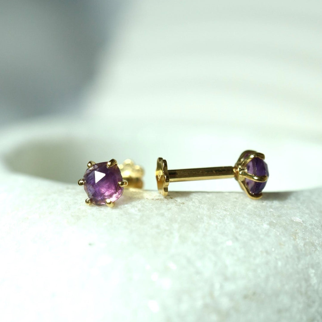 natural pink purple amethyst irregular rose cut sterling silver 14K gold vermeil labret stud earrings internally threaded flat backs 