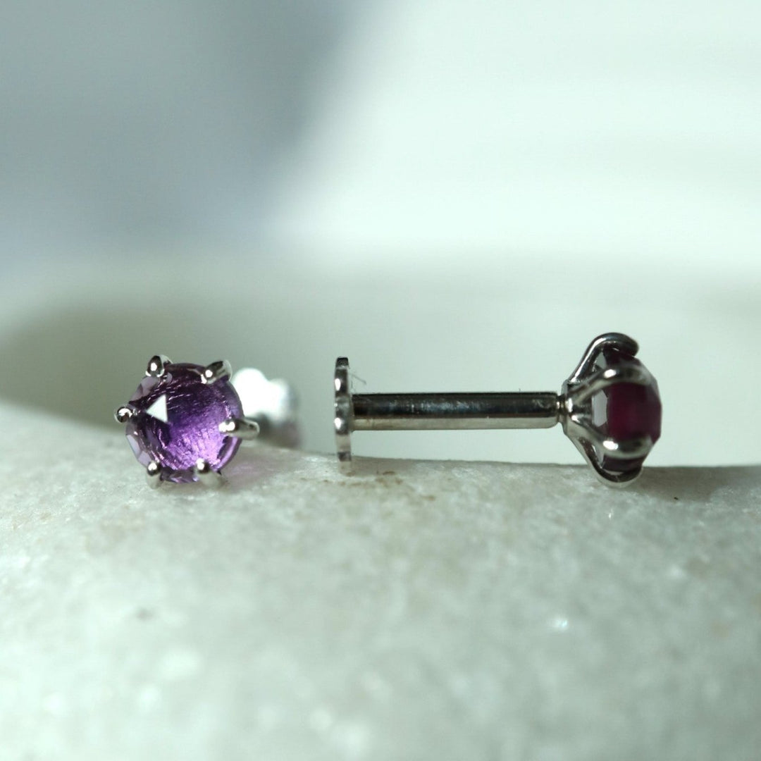 natural pink purple amethyst irregular rose cut sterling silver  labret stud earrings internally threaded flat backs 