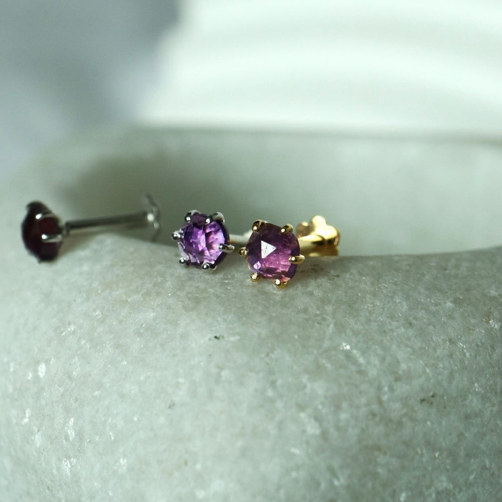 natural pink purple amethyst irregular rose cut sterling silver  labret stud earrings internally threaded flat backs 