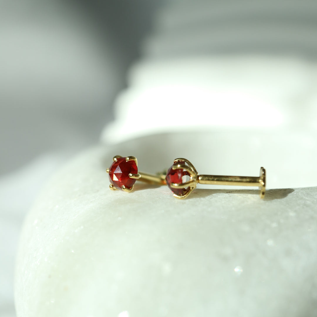 mozambique red natural garnet sterling silver 14K gold vermeil labret stud earrings with internally threaded screw flat backs