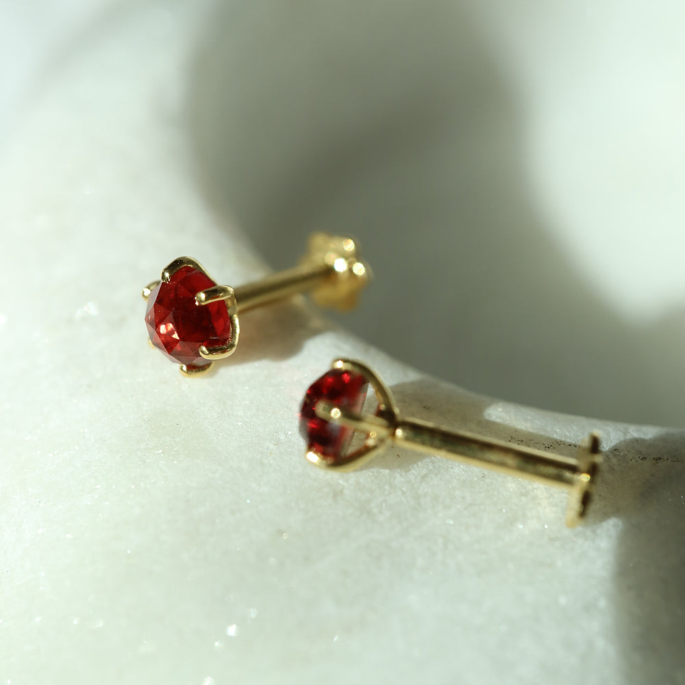 mozambique red natural garnet sterling silver 14K gold vermeil labret stud earrings with internally threaded screw flat backs