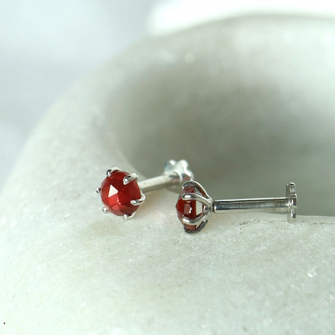 mozambique red natural garnet sterling silver labret stud earrings with internally threaded screw flat backs