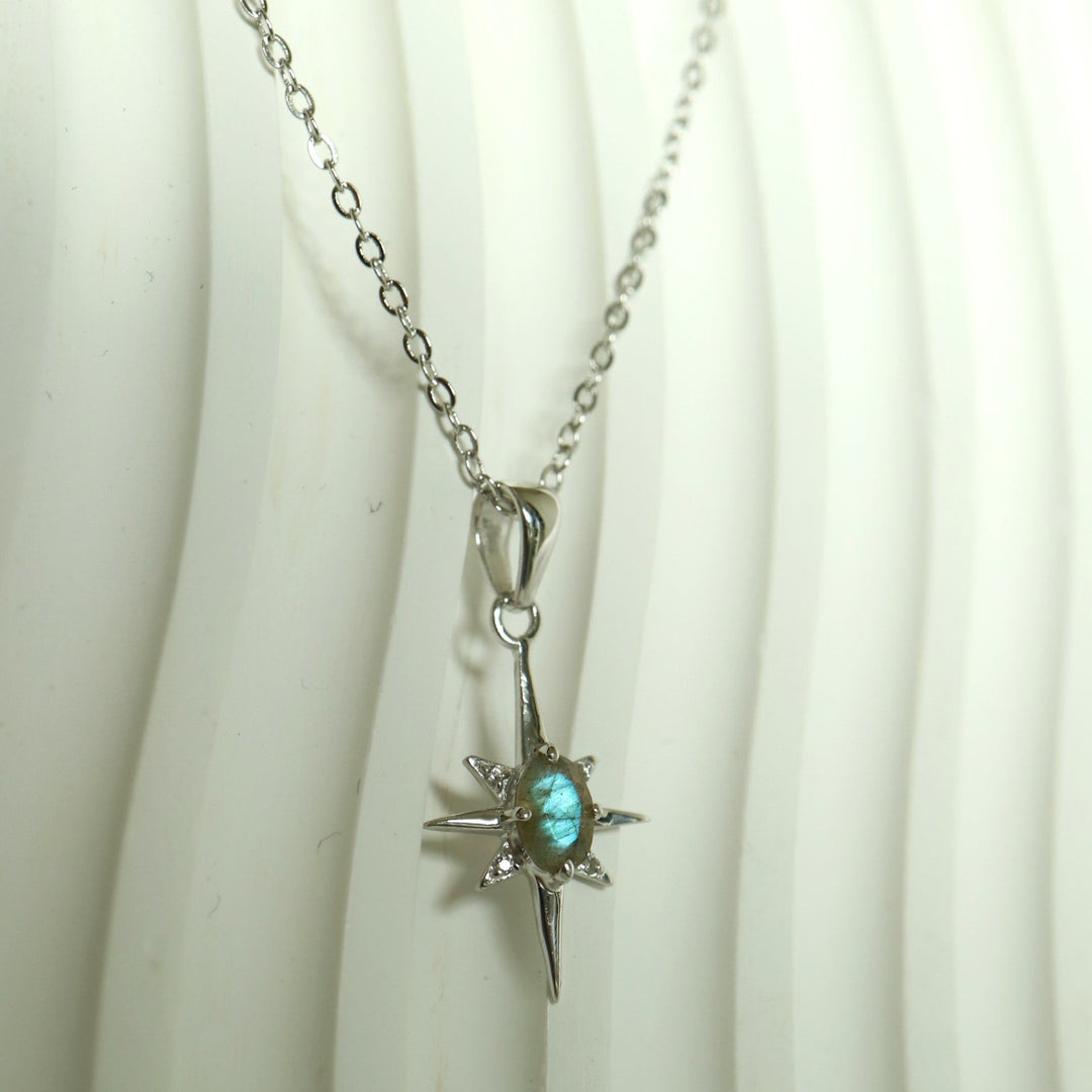 The Northern Star celestial pendant necklace with natural labradorite and zircons