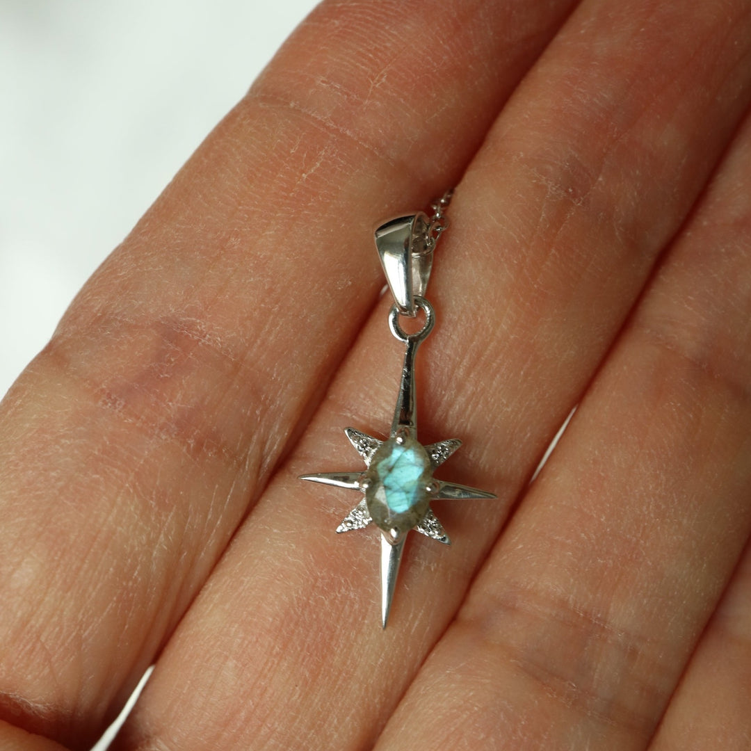 The North Star celestial sterling silver pendant necklace with natural labradorite and zircons