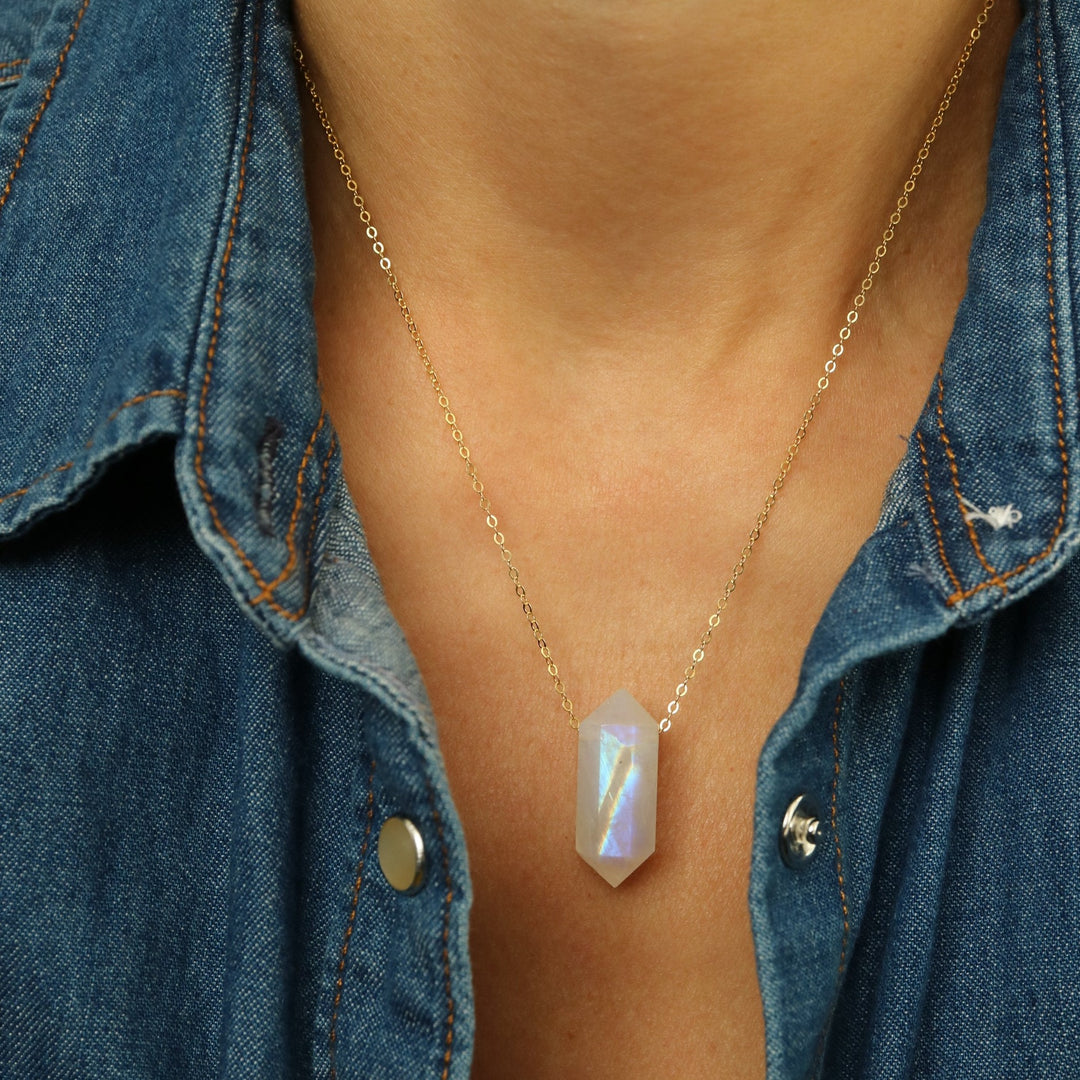 Double terminated want pointed shape natural rainbow moonstone floating 14 K gold filled chain pendant necklace healing crystal 