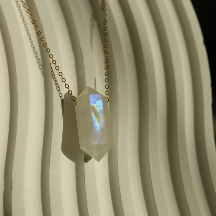 Double terminated want pointed shape natural rainbow moonstone floating 14 K gold filled chain pendant necklace healing crystal
