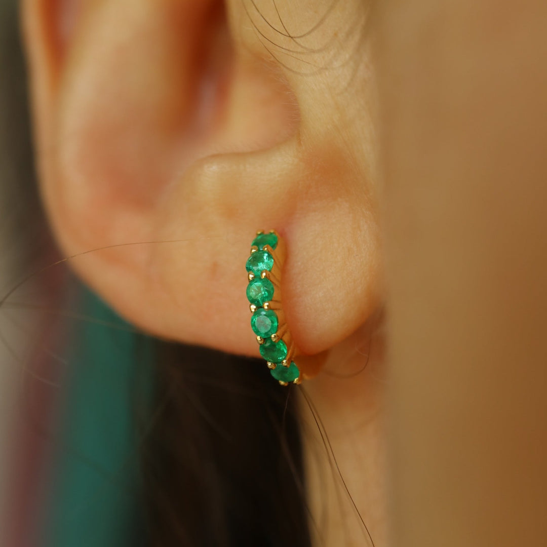 Natural genuine zambian emerald green gemstone sterling silver 14 k gold vermeil huggies hoop earrings dainty minimalist