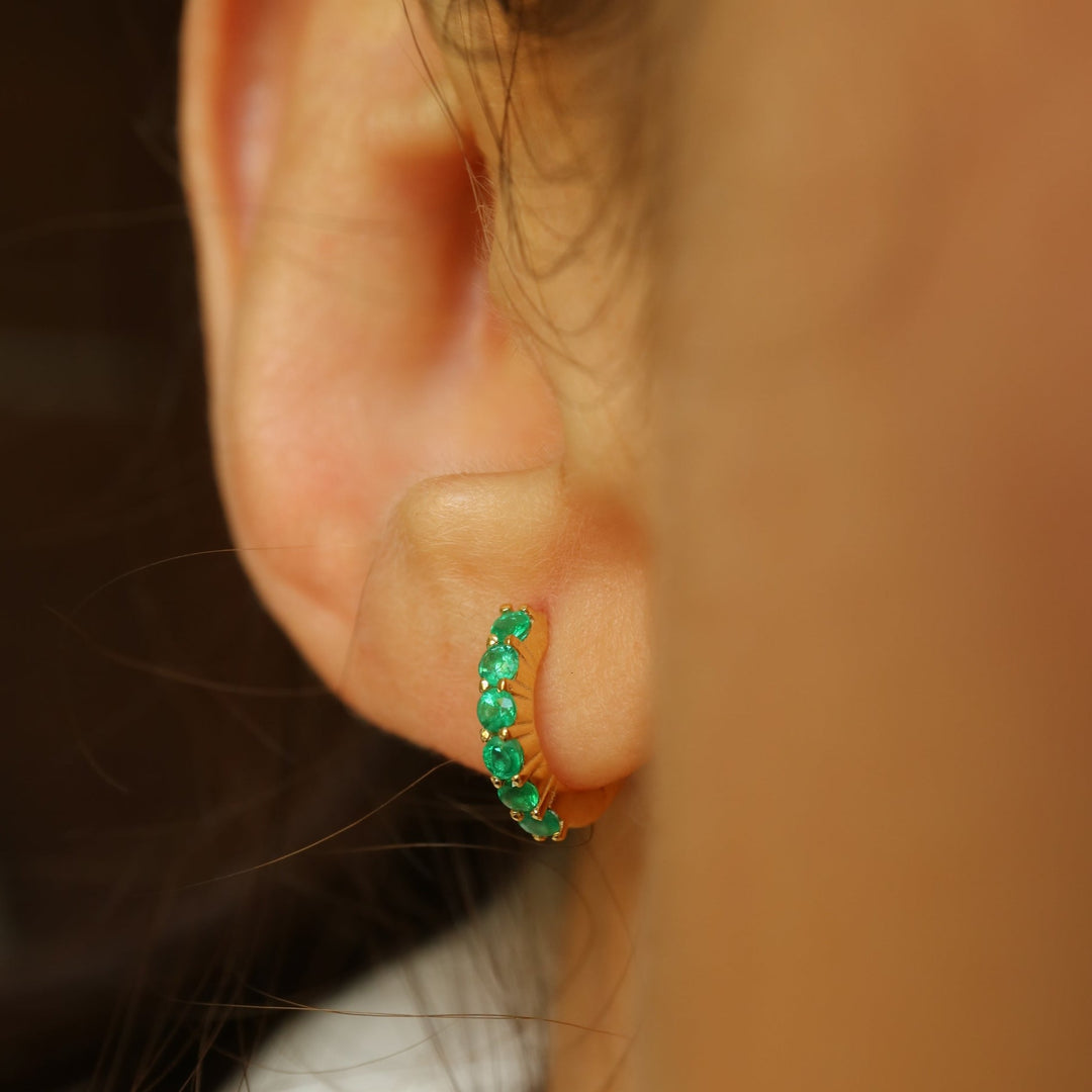 Natural genuine zambian emerald green gemstone sterling silver 14 k gold vermeil huggies hoop earrings dainty minimalist