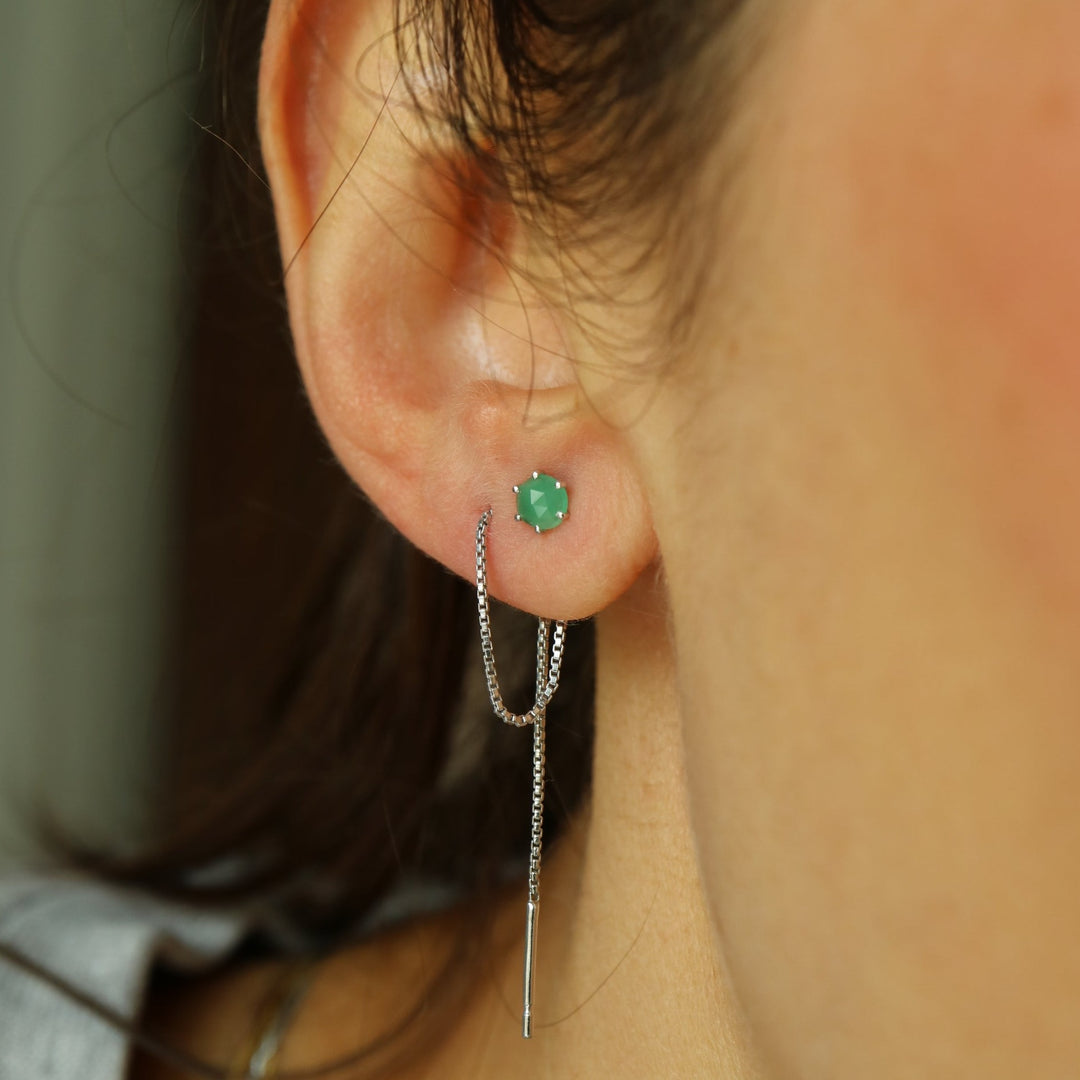natural green emerald crystal chain threader earrings made of sterling silver for second piercing, helix, cartilage