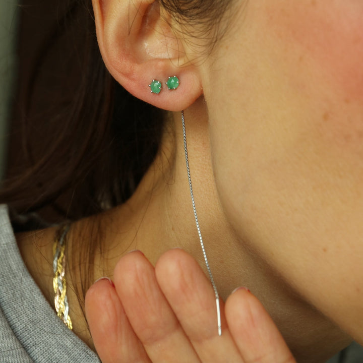 natural green emerald crystal chain threader earrings made of sterling silver for second piercing, helix, cartilage