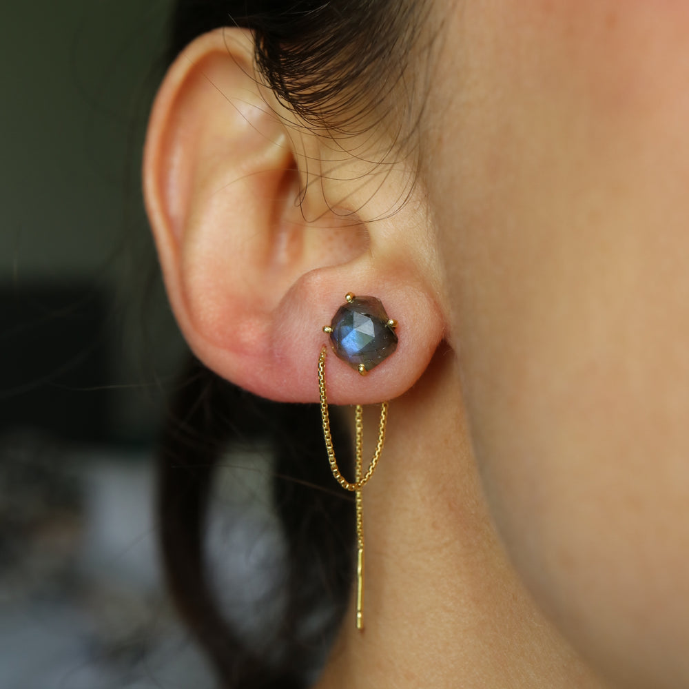 labradorite rose cut irregular silver chain threader earrings 14K gold vermeil crystal jewelry for cartilage, helix piercings