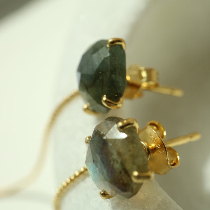 labradorite rose cut irregular silver chain threader earrings 14K gold vermeil crystal jewelry for cartilage, helix piercings