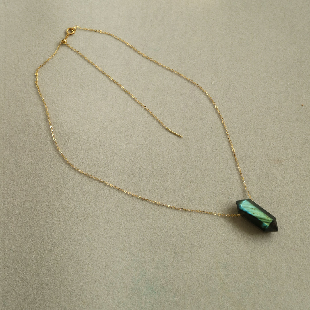 natural labradorite double terminated wand shape pendant with 14K gold filled chain necklace