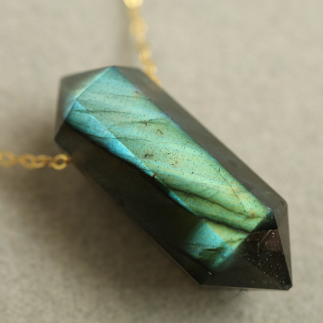 natural labradorite double terminated wand shape pendant with 14K gold filled chain necklace