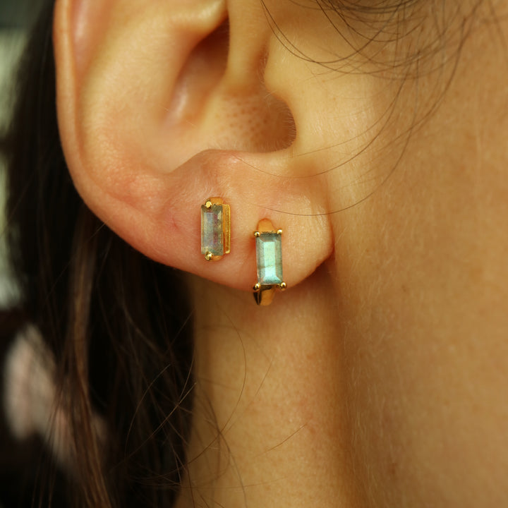 Baguette-cut natural labradorite sterling silver 14 K gold vermeil plated huggie hoop earrings for cartilage, helix, and second piercings