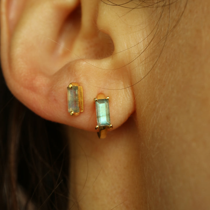 Baguette-cut natural labradorite sterling silver 14 K gold vermeil plated huggie hoop earrings for cartilage, helix, and second piercings