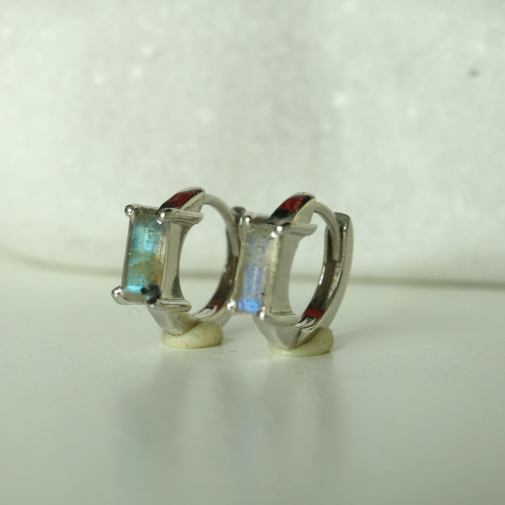 Baguette Labradorite Silver Huggie Earrings