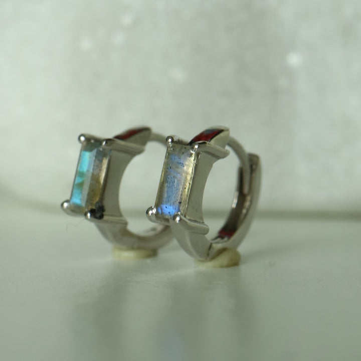 Baguette Labradorite Silver Huggie Earrings