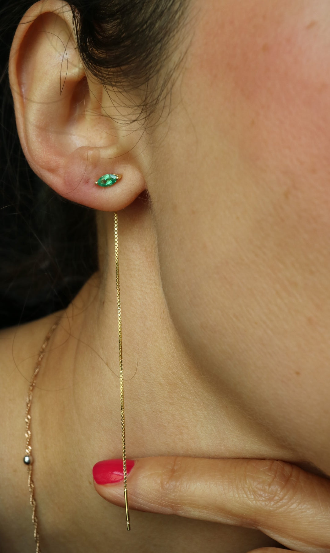 natural zambian green emerald marquise cut sterling silver 14K gold vermeil chain threader earrings