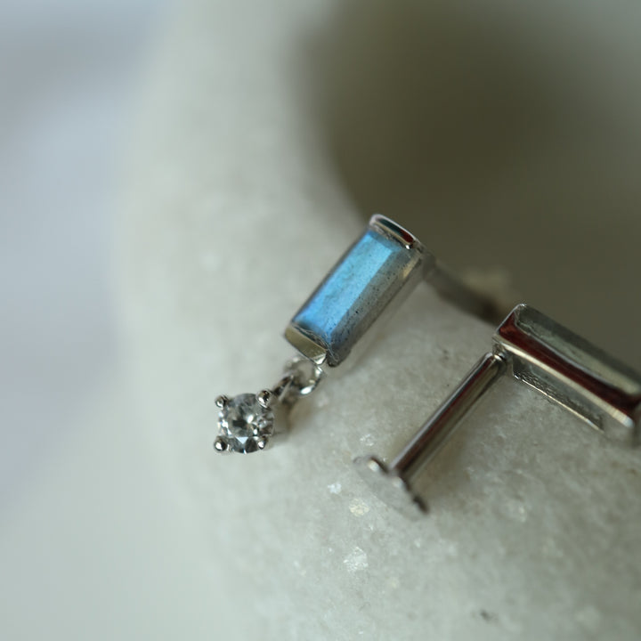 Labradorite baguette cut sterling silver labret internally threaded stud earrings with dangle zircon