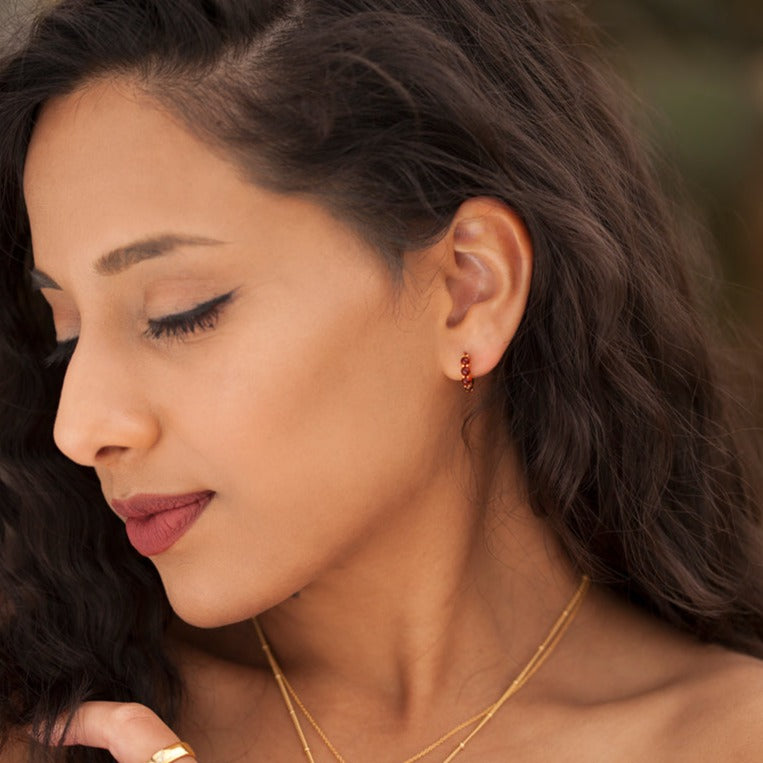 Natural Mozambique Garnet Silver Huggie Hoop Earrings 