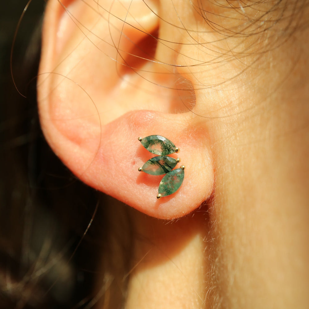 High-quality handmade Green Moss Agate cartilage earrings, featuring marquise-cut gemstones with unique moss-like inclusions in sterling silver or 14K gold vermeil, ideal for helix, tragus, and lobe piercings