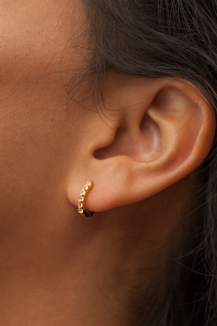 Rainbow moonstone dainty silver huggie hoop earrings