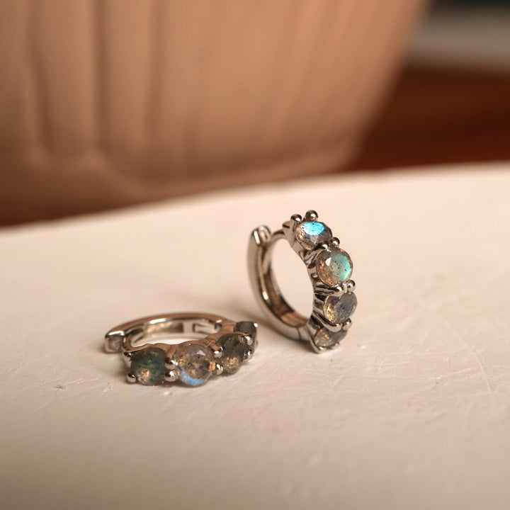 Natural Labradorite Silver Huggie Hoops Earrings