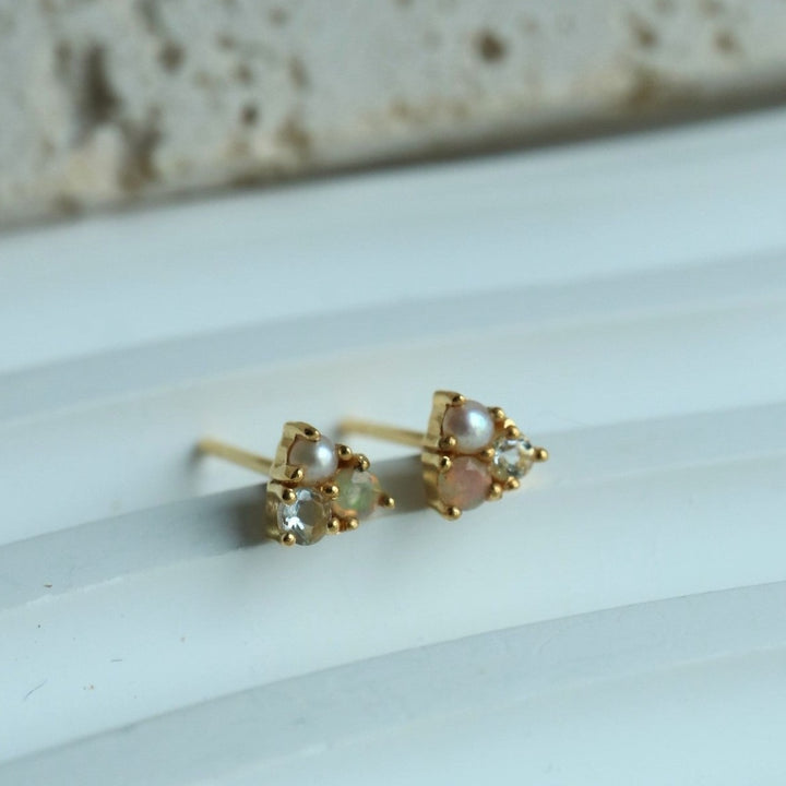 Ethiopian Opal & Aquamarine Trio Gold Earrings