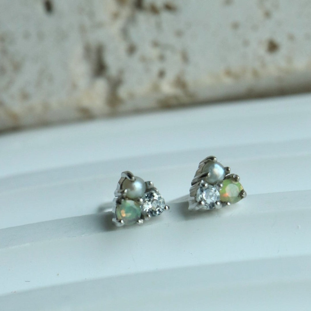 Ethiopian Opal & Aquamarine Trio Silver Stud Earrings