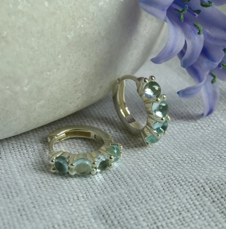 natural aquamarine silver huggie hoop earrings