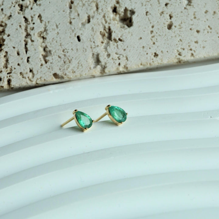 Pear Cut Zambian Emerald Gold Stud Earrings