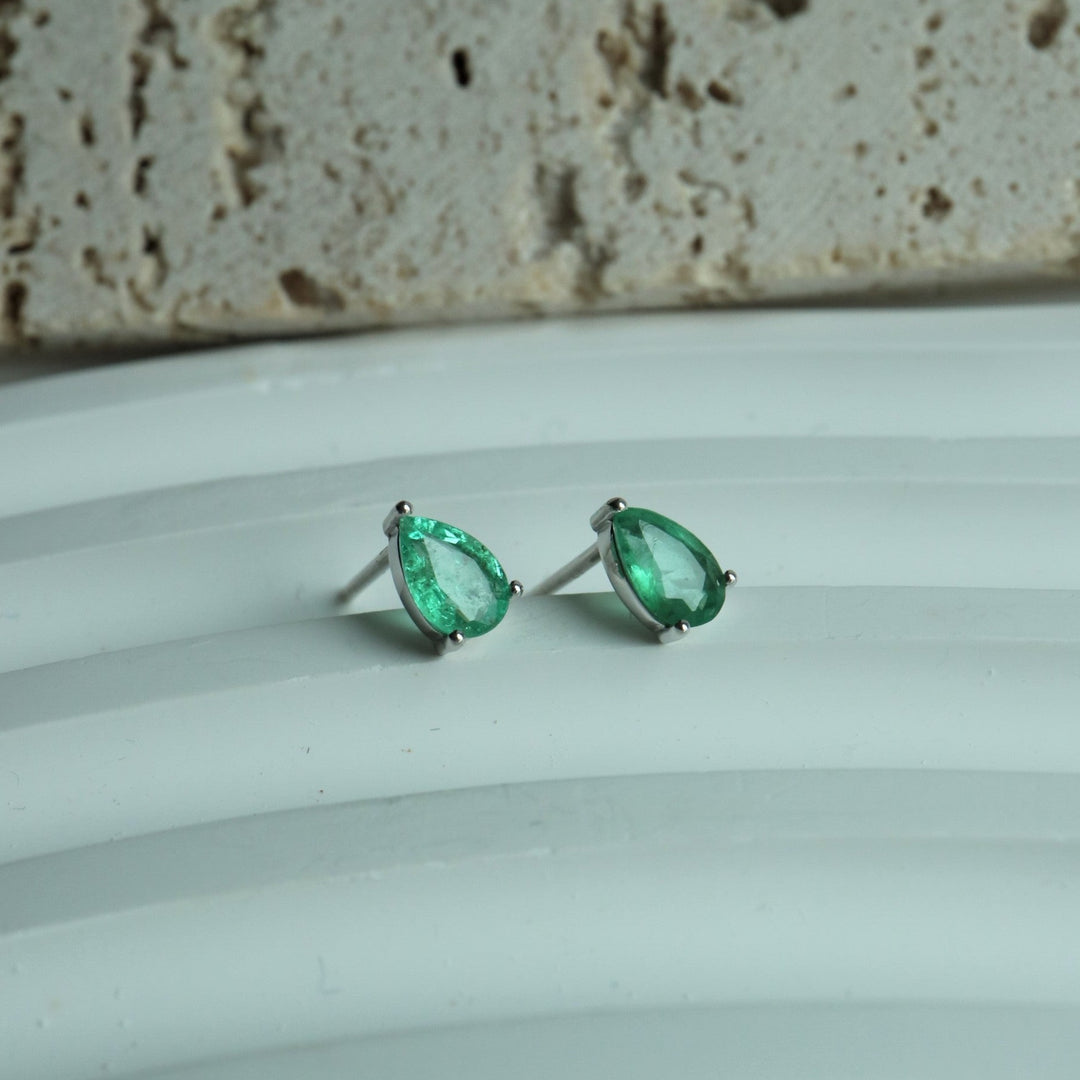 Pear Cut Zambian Emerald Silver Stud Earrings
