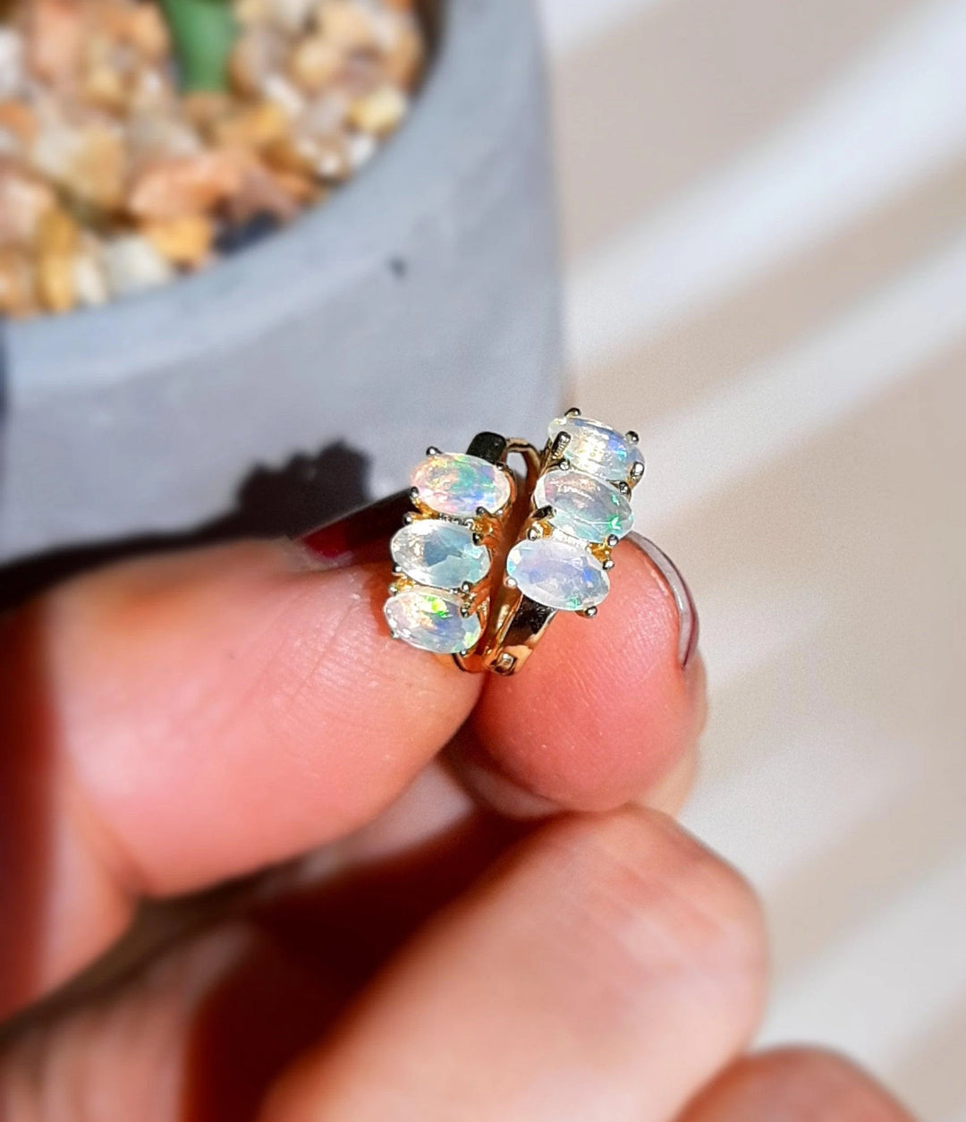 ehtiopian natural opal faceted dainty silver gold vermeil huggie hoop earrings gemstone