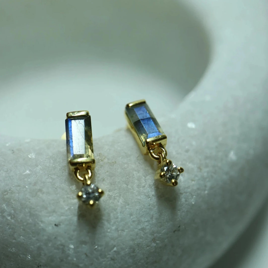 natural labradorite baguette cut with dangle zircon sterling silver 14K gold vermeil labret flat back earrings studs