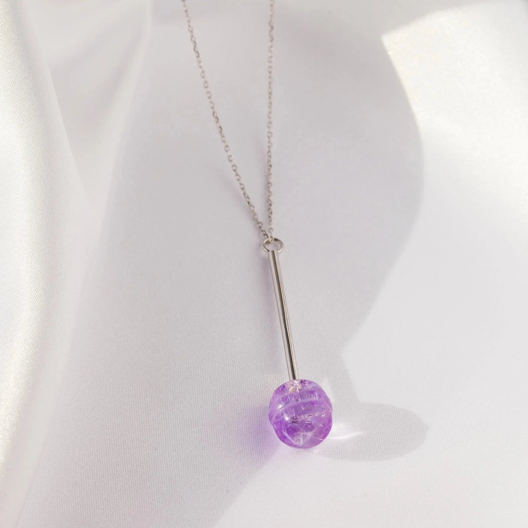 natural amethyst crystal  lollipop silver chain necklace 