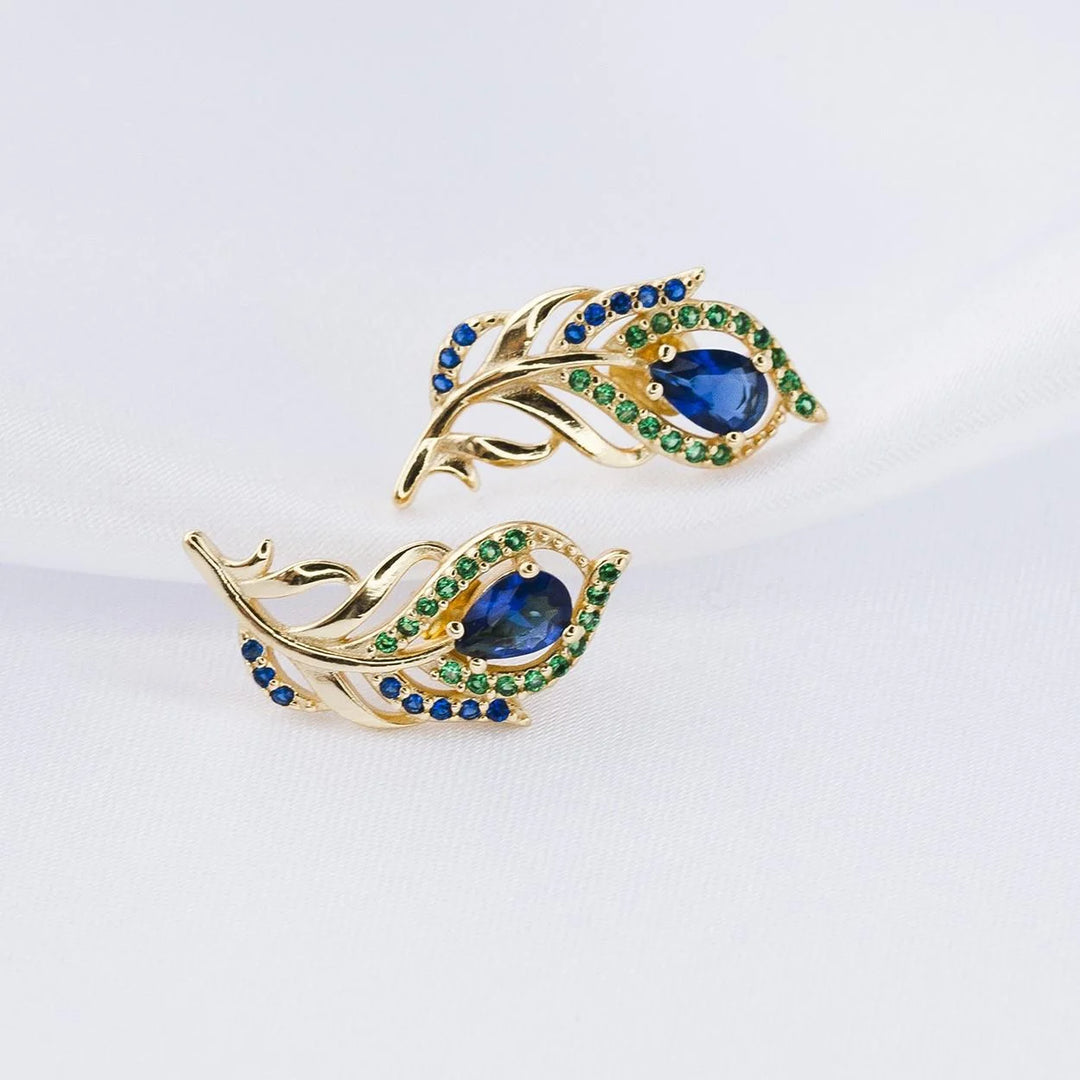 Peacock Feather Gold Climber Stud Earrings