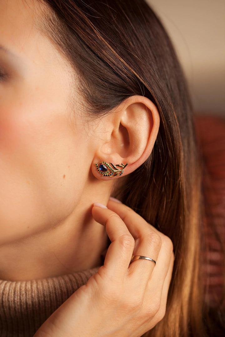 Peacock Feather Gold Climber Stud Earrings