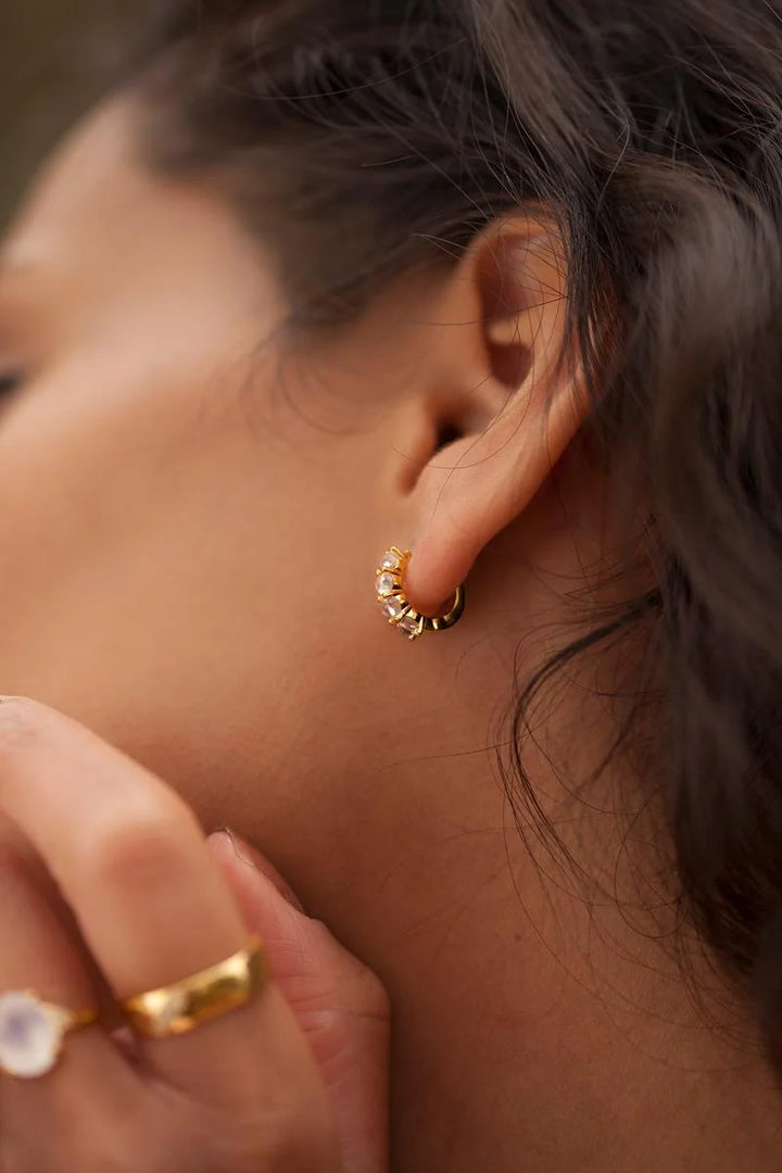  Rainbow Cabochon Moonstone Gold Huggie Earrings 