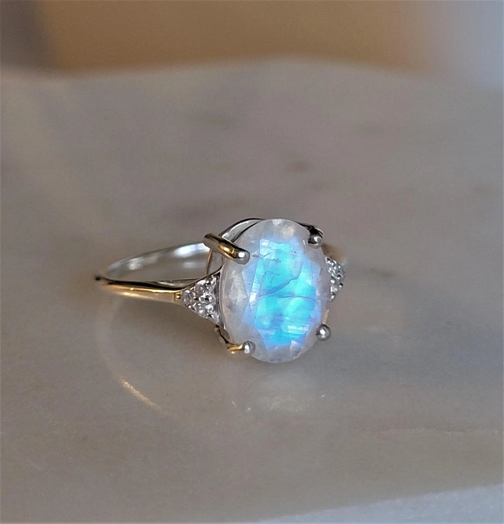 Promise Rainbow large oval Moonstone sterling Silver statement Ring