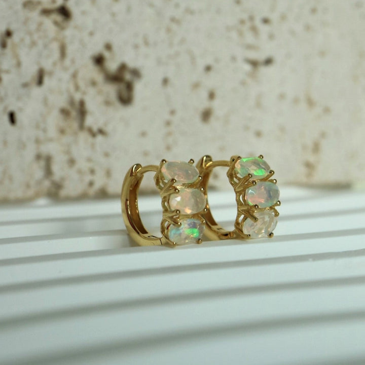 ehtiopian natural opal faceted dainty silver gold vermeil huggie hoop earrings gemstone