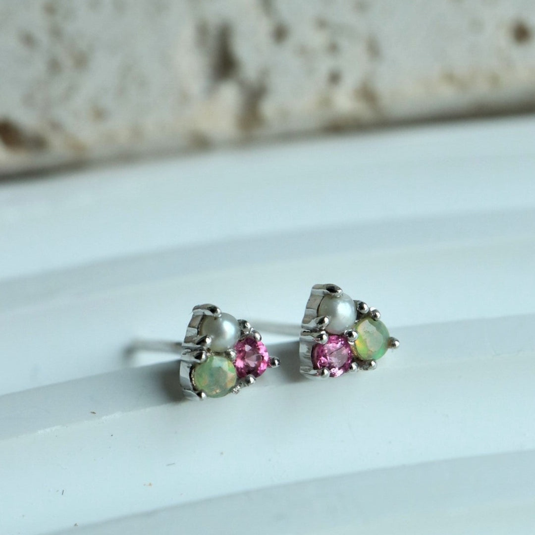 Pink Tourmaline  opal and pearl Trio Silver Stud tiny dainty Earrings