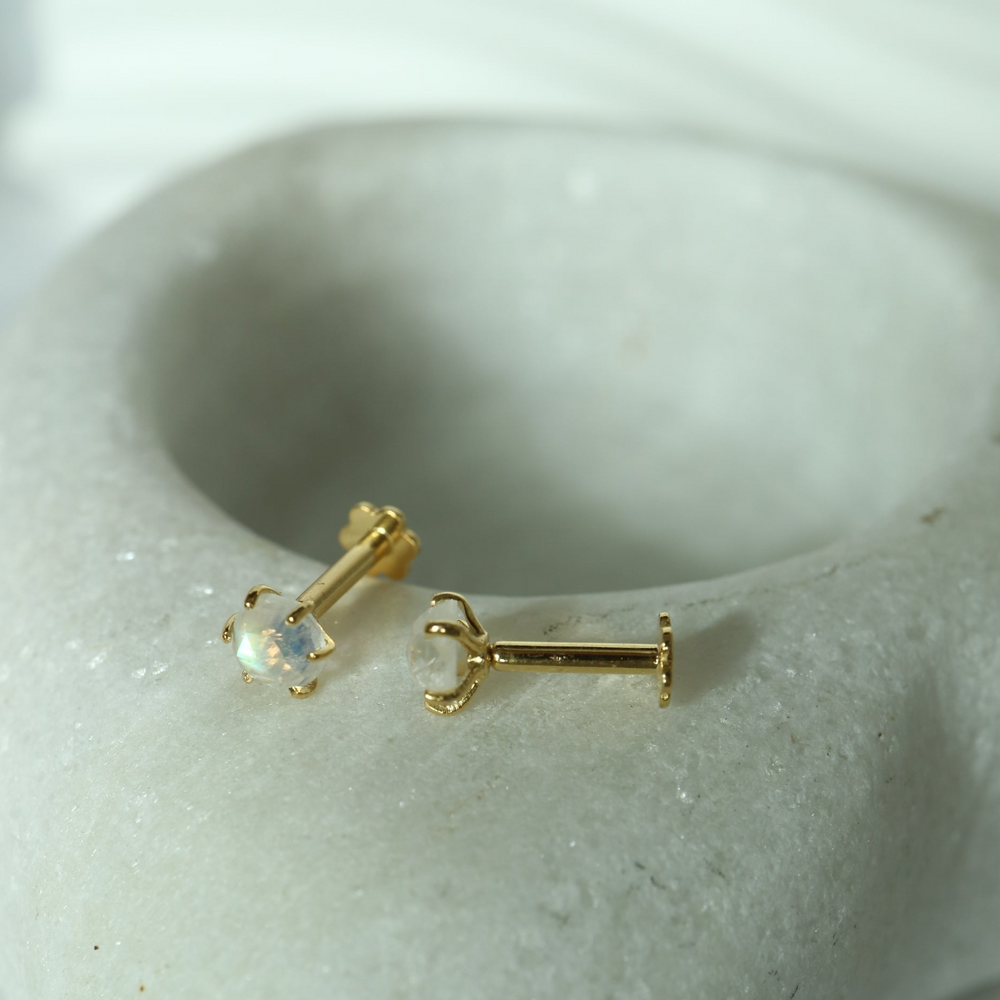 rainbow moonstone rose cut irregular labret stud earrings with internally threaded flat backs made of sterling silver 14 K gold vermeil for cartilage and helix