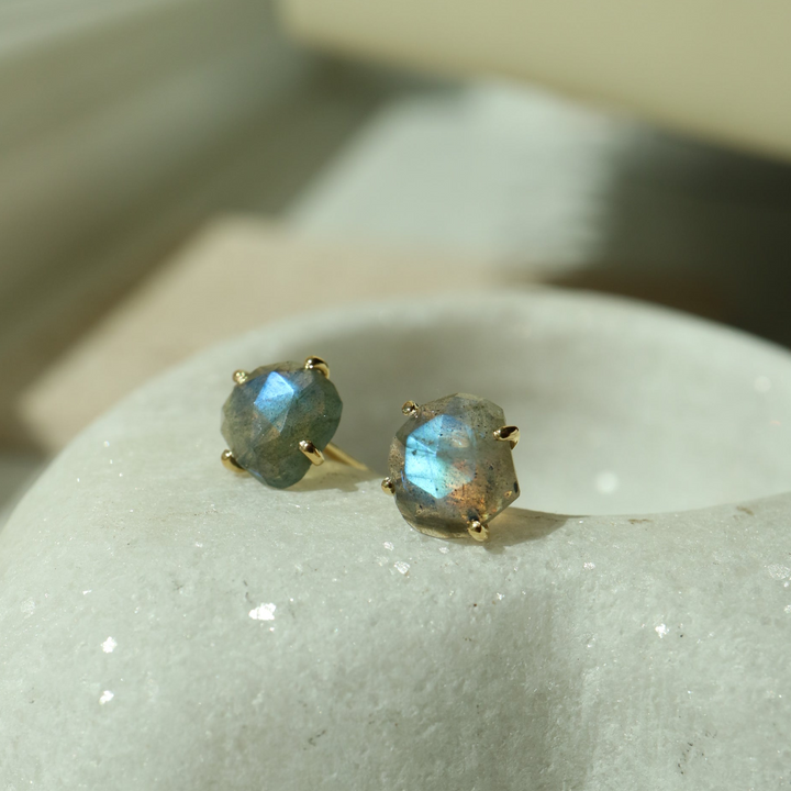 Rose cut irregular shape large natural labradorite sterling silver 14k gold vermeil statement stud earrings artisan jewelry